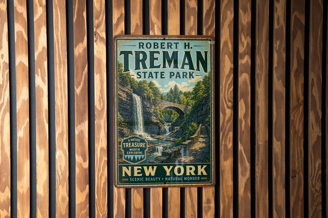 A vintage-style metal sign for Robert H. Treman State Park, featuring a scenic waterfall and forest landscape, is displayed on a wooden wall.