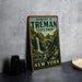 A vintage-style metal sign for Robert H. Treman State Park, featuring a scenic illustration of a waterfall and a bridge.