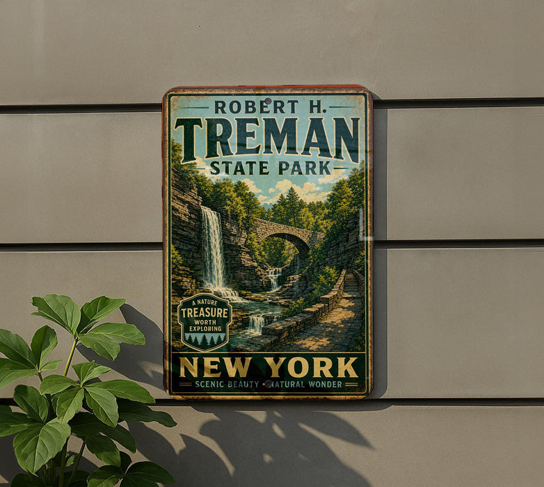 A vintage-style metal sign for Robert H. Treman State Park in New York, featuring a scenic waterfall and lush greenery.