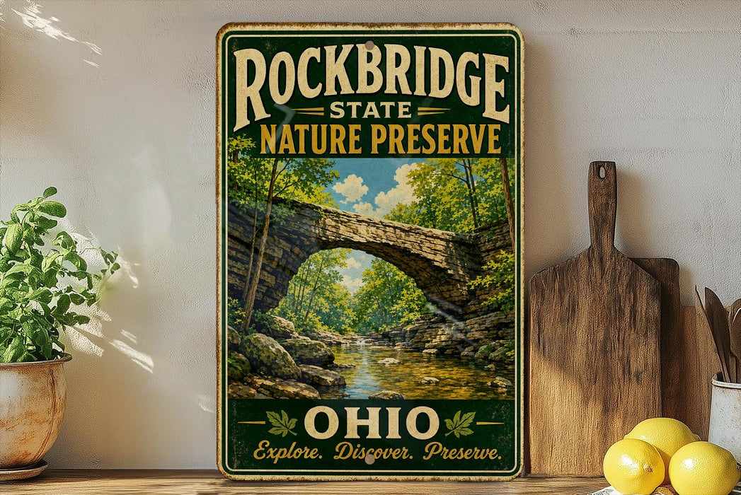 A vintage-style sign for Rockbridge State Nature Preserve, featuring a scenic image of a stone bridge surrounded by lush greenery.