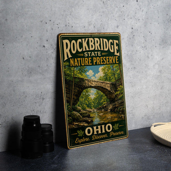 A vintage-style metal sign for Rockbridge State Nature Preserve, featuring a scenic image of a stone bridge surrounded by trees and water.