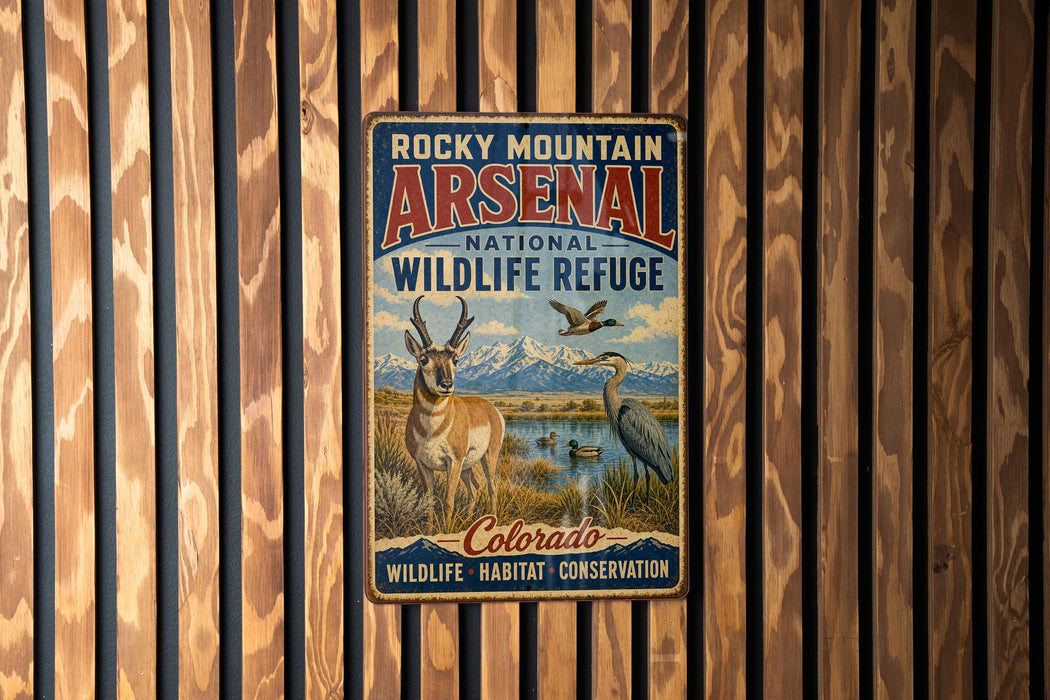 A vintage-style metal sign for Rocky Mountain Arsenal National Wildlife Refuge in Colorado, featuring an illustration of wildlife and mountains.