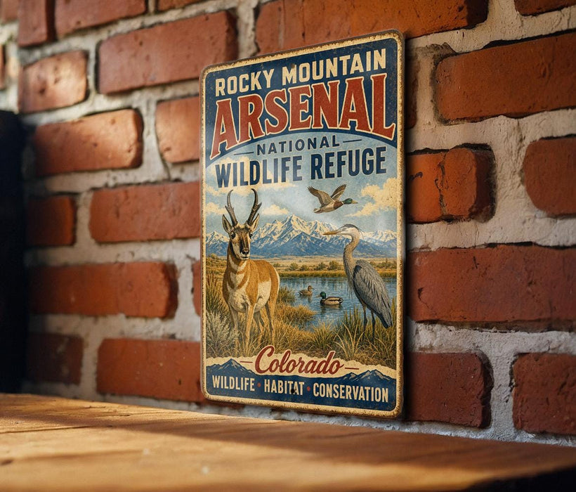 A vintage-style metal sign for Rocky Mountain Arsenal National Wildlife Refuge in Colorado, featuring an illustration of wildlife in a natural setting.