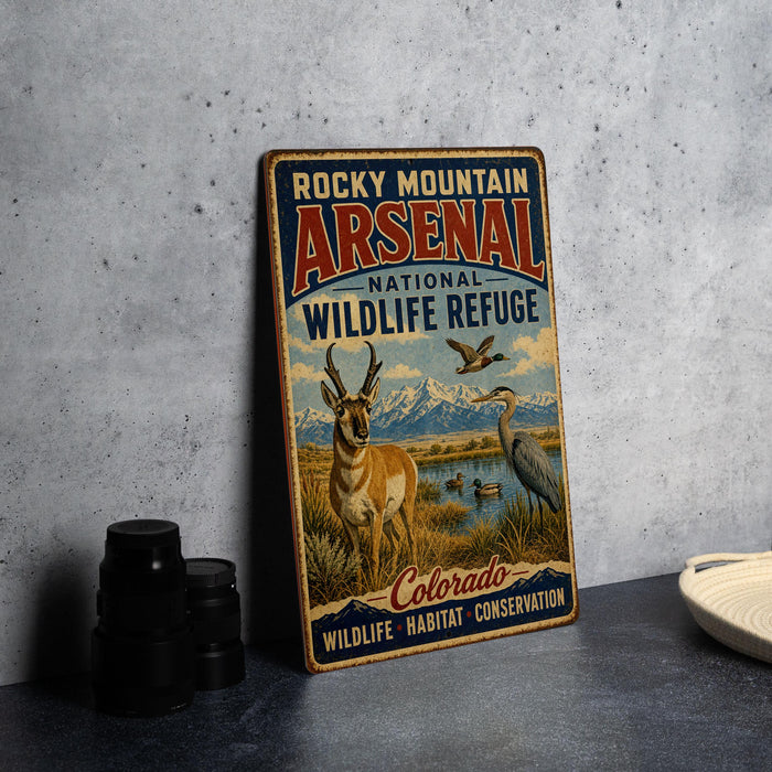 A vintage-style sign for Rocky Mountain Arsenal National Wildlife Refuge in Colorado, featuring an illustration of wildlife and mountains.