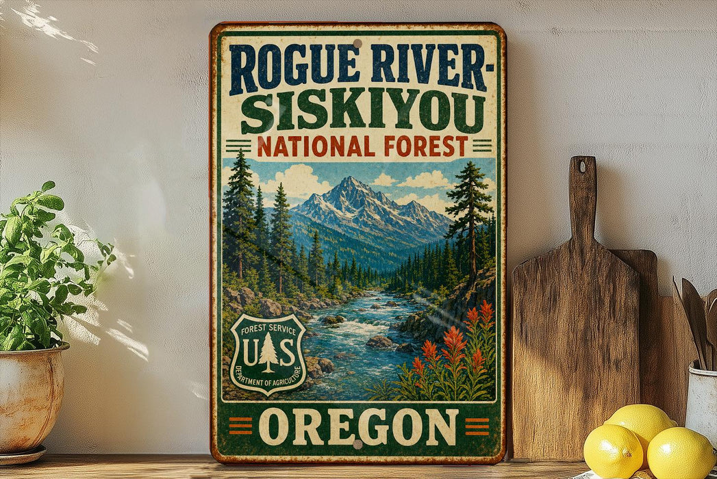a vintage-style sign for Rogue River-Siskiyou National Forest, with a scenic mountain landscape and a river flowing through it.