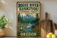 a vintage-style sign for Rogue River-Siskiyou National Forest, with a scenic mountain landscape and a river flowing through it.