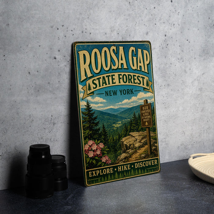A vintage-style metal sign for Roosa Gap State Forest in New York, featuring a scenic mountain landscape and a trail sign.
