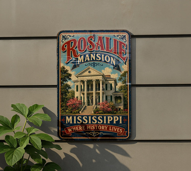 A vintage-style metal sign for Rosalie Mansion, a historic home in Mississippi, with a large illustration of the mansion and surrounding landscape.
