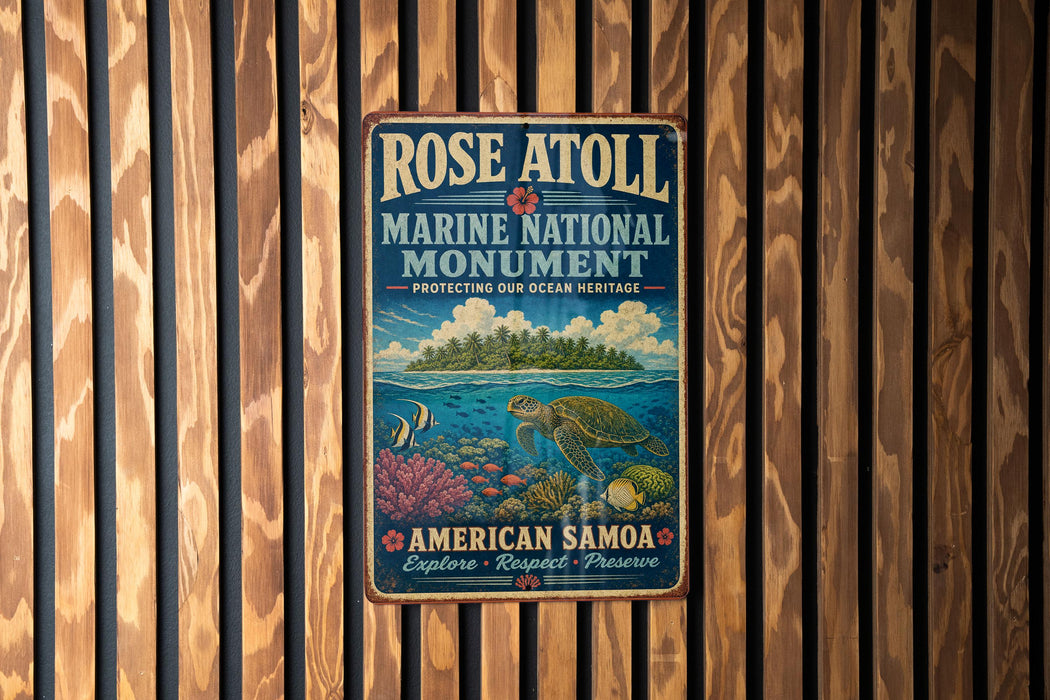 A vintage-style metal sign for Rose Atoll Marine National Monument, featuring an illustration of a tropical island, sea turtle, and coral reef.