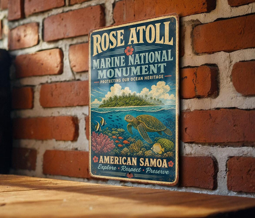 A vintage-style metal sign for Rose Atoll Marine National Monument, featuring an illustration of a tropical island and marine life, mounted on a brick wall.