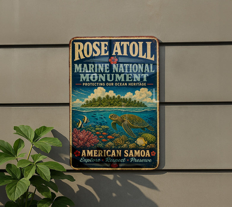 a vintage-style sign for Rose Atoll Marine National Monument, which is a marine protected area in the American Samoa.