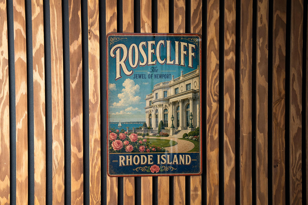 A vintage-style metal sign for Rosecliff Jewel of Newport, Rhode Island, featuring a building and a garden with pink roses.