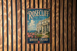 A vintage-style metal sign for Rosecliff Jewel of Newport, Rhode Island, featuring a building and a garden with pink roses.