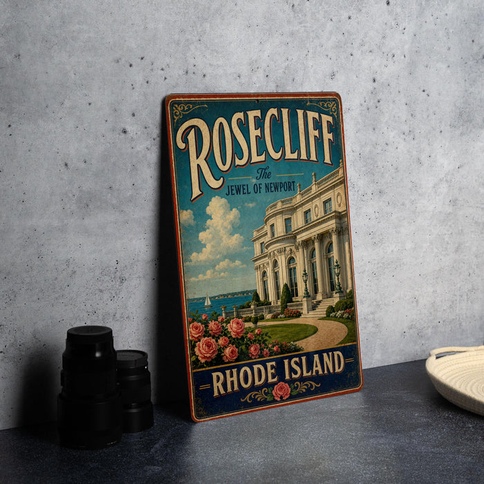 A vintage-style metal sign for Rosecliff, the Jewel of Newport, Rhode Island, featuring a large white building with columns and a sailboat in the background.