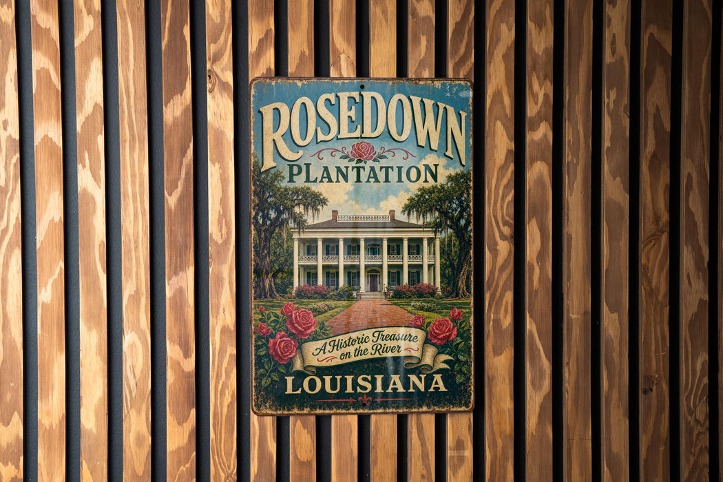 A vintage-style metal sign for the historic plantation in Louisiana, featuring a large illustration of a plantation house surrounded by trees and flowers.