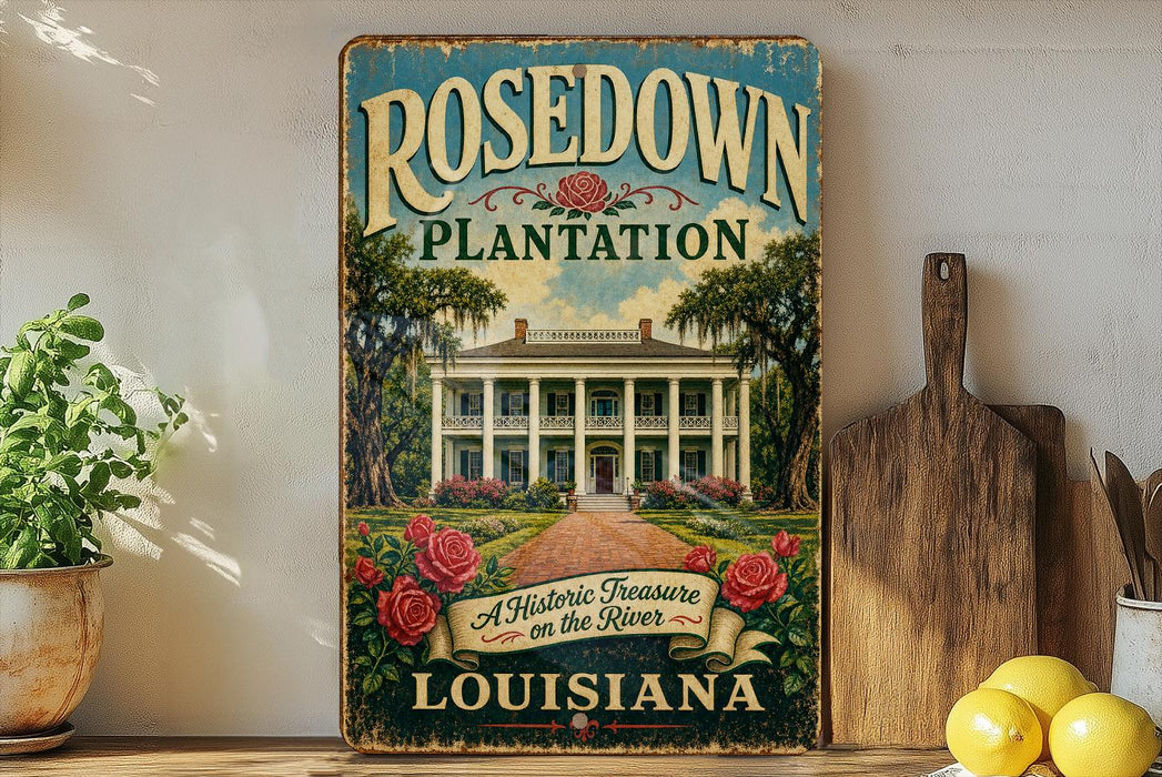 A vintage-style sign advertising "Rosedown Plantation" in Louisiana, featuring a large illustration of a historic plantation house surrounded by trees and flowers.