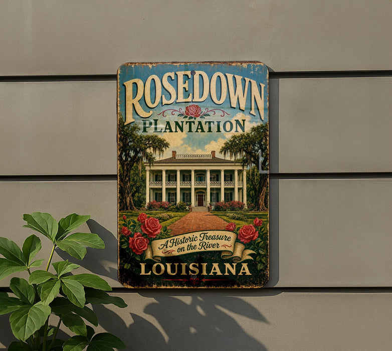A vintage-style sign for the Rosedown Plantation in Louisiana, featuring a large illustration of the plantation with a prominent building and a path leading to the entrance.
