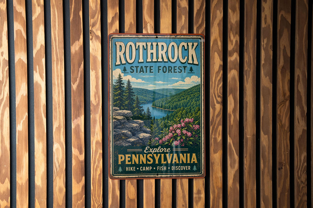 A vintage-style metal sign for Rothrock State Forest in Pennsylvania, featuring a scenic landscape with pine trees, a river, and pink flowers.