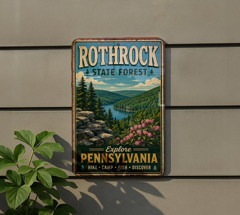 A vintage-style metal sign for Rothrock State Forest in Pennsylvania, featuring a scenic landscape with pine trees, a lake, and mountains.