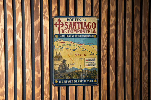 a vintage-style map of the Routes of Santiago de Compostela, with a wooden background.
