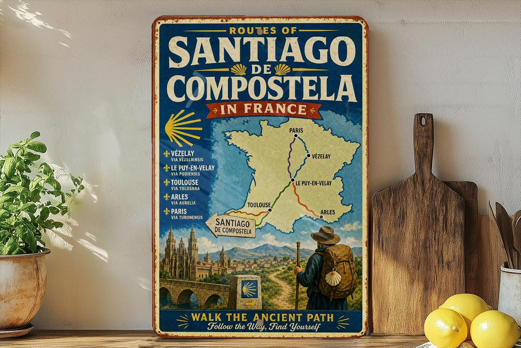 a vintage-style metal sign with a map of France, depicting a man walking along a path, surrounded by landmarks and a scenic view.
