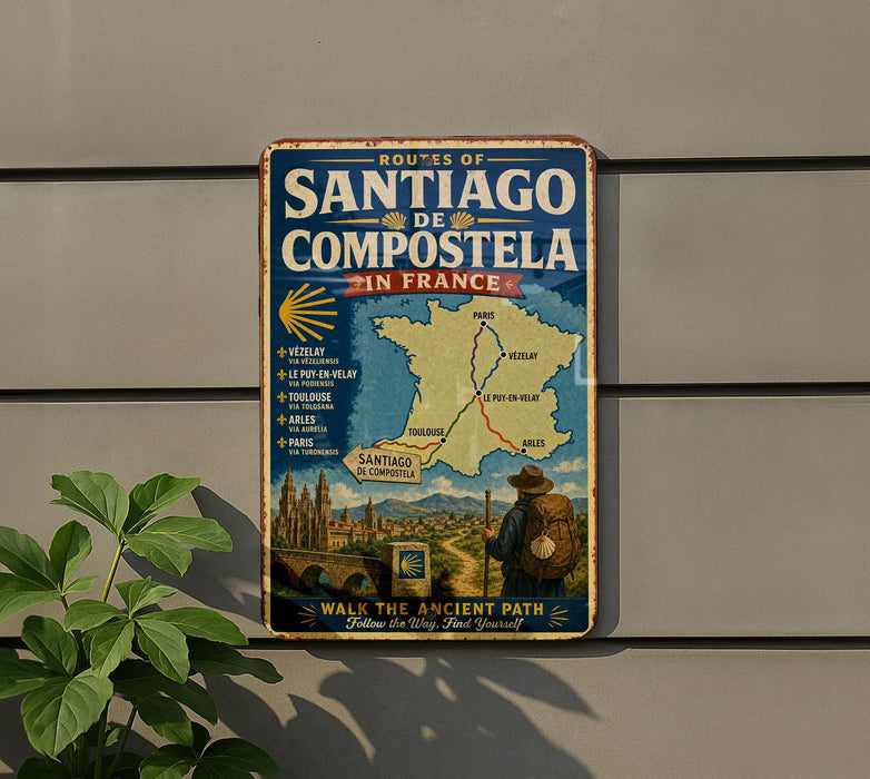 A vintage metal sign on a wall, displaying a map of the Routes of Santiago de Compostela in France, with a person in the background.