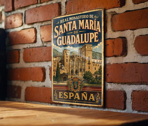 A vintage-style metal sign with the text "REAL MONASTERIO DE SANTAMARIA DE GUADALUPE ESPAÑA" is displayed on a brick wall.