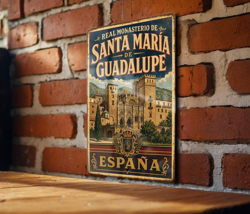 A vintage-style metal sign with the text "REAL MONASTERIO DE SANTAMARIA DE GUADALUPE ESPAÑA" is displayed on a brick wall.