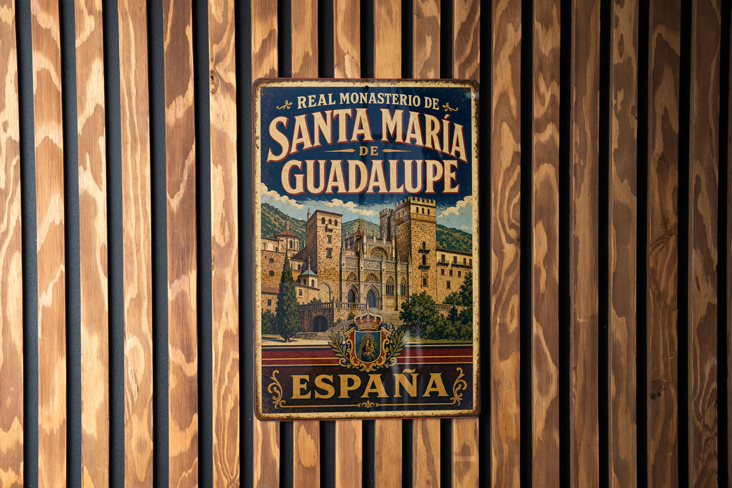 A vintage metal sign with the text "REAL MONASTERIO DE SANTAMARIA DE GUADALUPE ESPAÑA" hanging on a wooden wall.