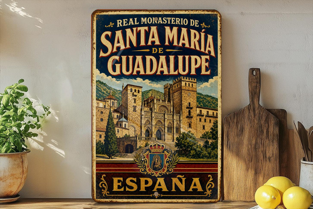 A vintage-style metal sign advertising "Santa Maria de Guadalupe" in España, featuring an illustration of a castle and mountains.