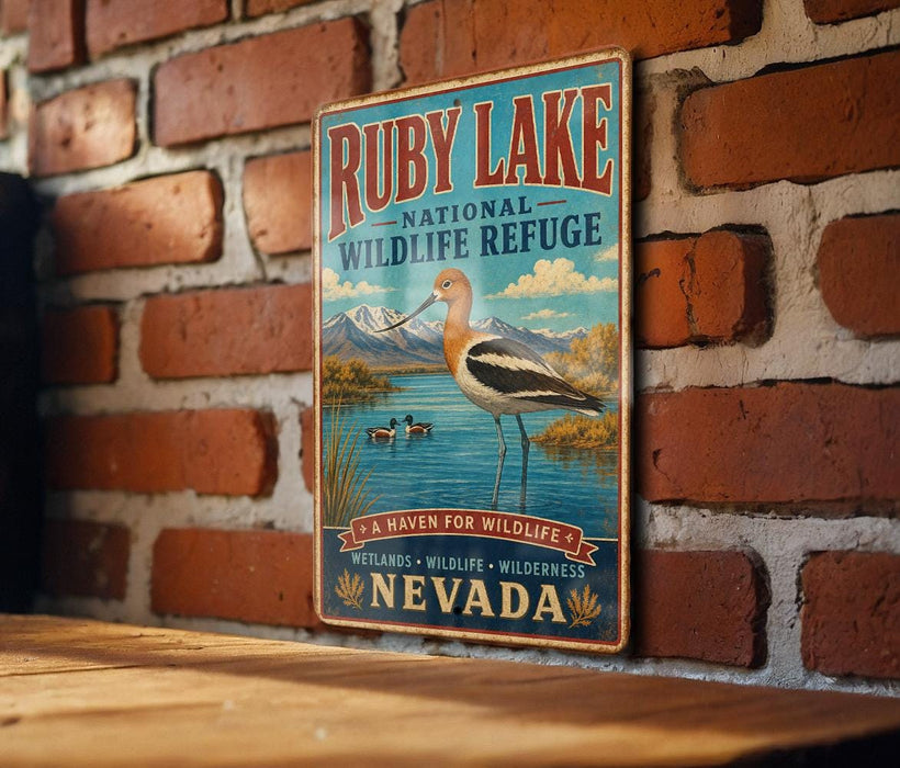 A vintage-style sign for Ruby Lake National Wildlife Refuge in Nevada, featuring a large bird and a serene landscape.