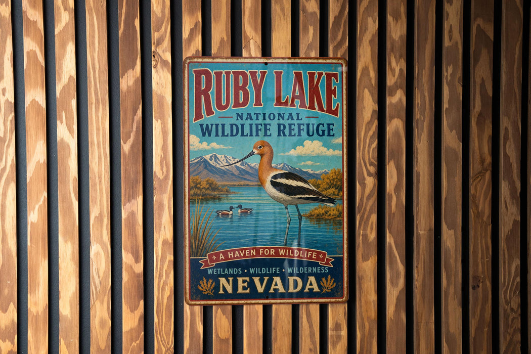A vintage-style metal sign for Ruby Lake National Wildlife Refuge in Nevada, featuring a bird and a scenic landscape.