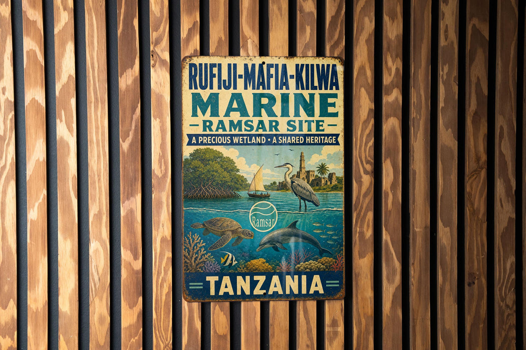 a vintage metal sign with a tropical beach scene, including a bird, a boat, and a turtle, hanging on a wooden wall.