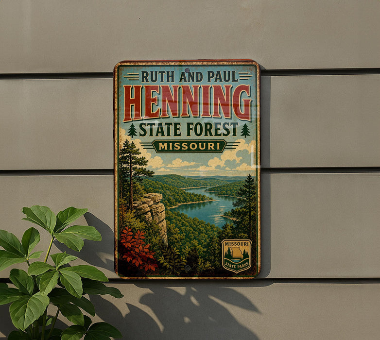 A vintage-style metal sign for Ruth and Paul Henning State Forest in Missouri, featuring a scenic landscape with a river, mountains, and pine trees.