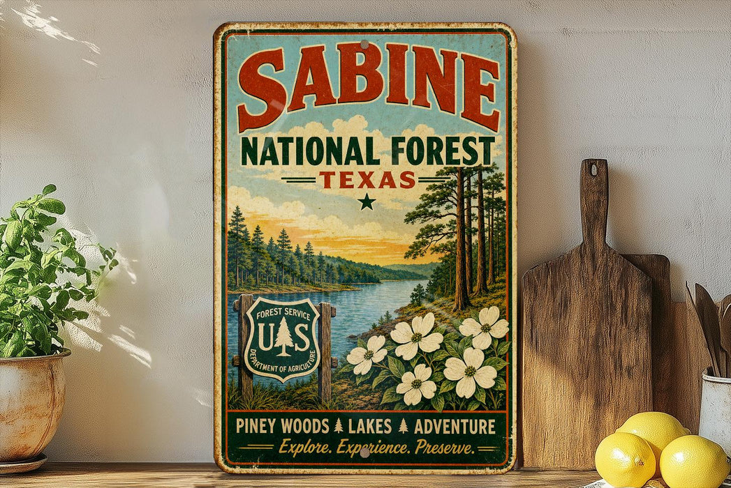 A vintage-style metal sign for Sabine National Forest in Texas, featuring a scenic landscape with pine trees, a river, and flowers.