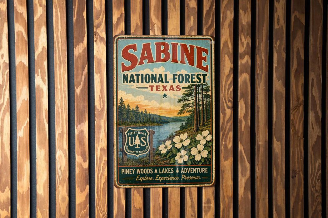 a vintage metal sign for Sabine National Forest in Texas, hanging on a wooden wall.