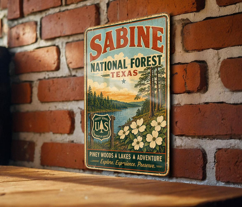 A vintage-style metal sign for Sabine National Forest in Texas, featuring a scenic landscape with pine trees, a river, and flowers.