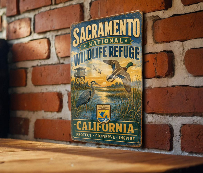 A vintage metal sign for the Sacramento National Wildlife Refuge in California, featuring an illustration of birds and a serene landscape.