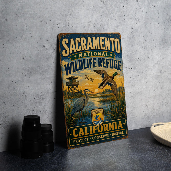 A vintage-style metal sign for the Sacramento National Wildlife Refuge in California, featuring an illustration of birds and a sunset over a body of water.