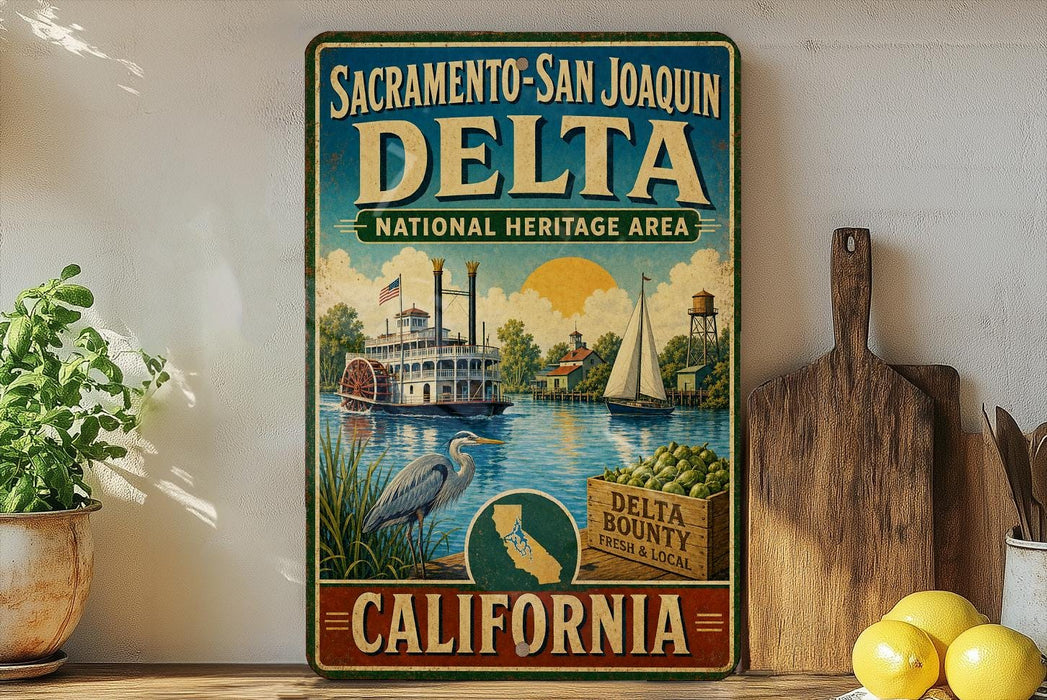 A vintage-style metal sign for the Sacramento Delta National Heritage Area in California, featuring illustrations of a river, a steamboat, and a bird.