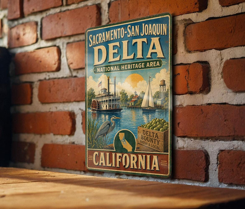 A vintage-style metal sign for the Sacramento-San Joaquin Delta National Heritage Area in California, featuring illustrations of a river, boats, and a bird.