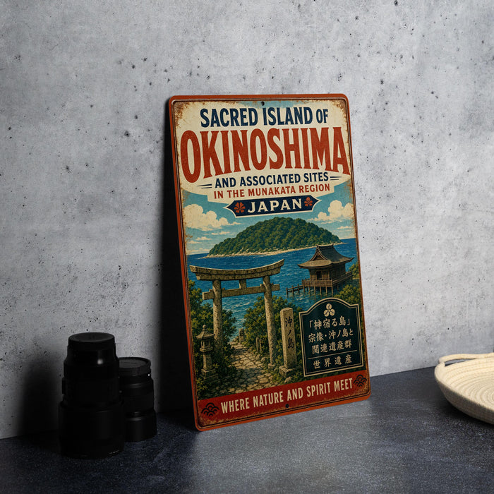 A vintage-style metal sign advertising the Sacred Island of Okinawa, Japan, with a scenic illustration of a temple and a body of water.