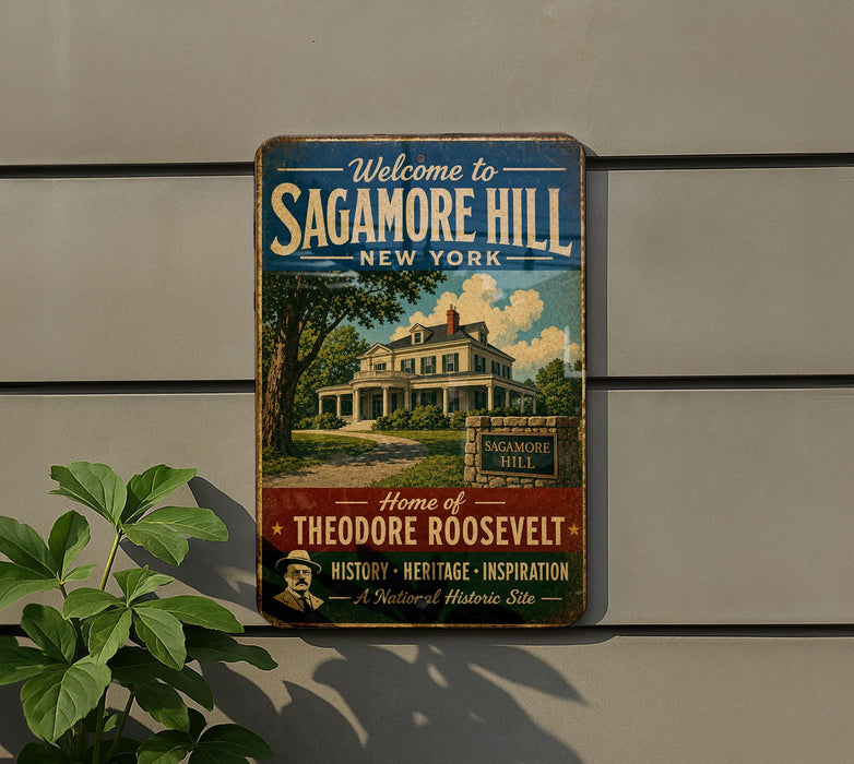 a vintage-style sign for Sagamore Hill, New York, with a large house and trees in the background.