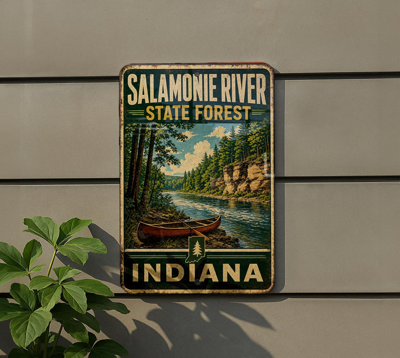 A vintage-style metal sign for the Salamonie River State Forest in Indiana, featuring a canoe on a river surrounded by trees and mountains.