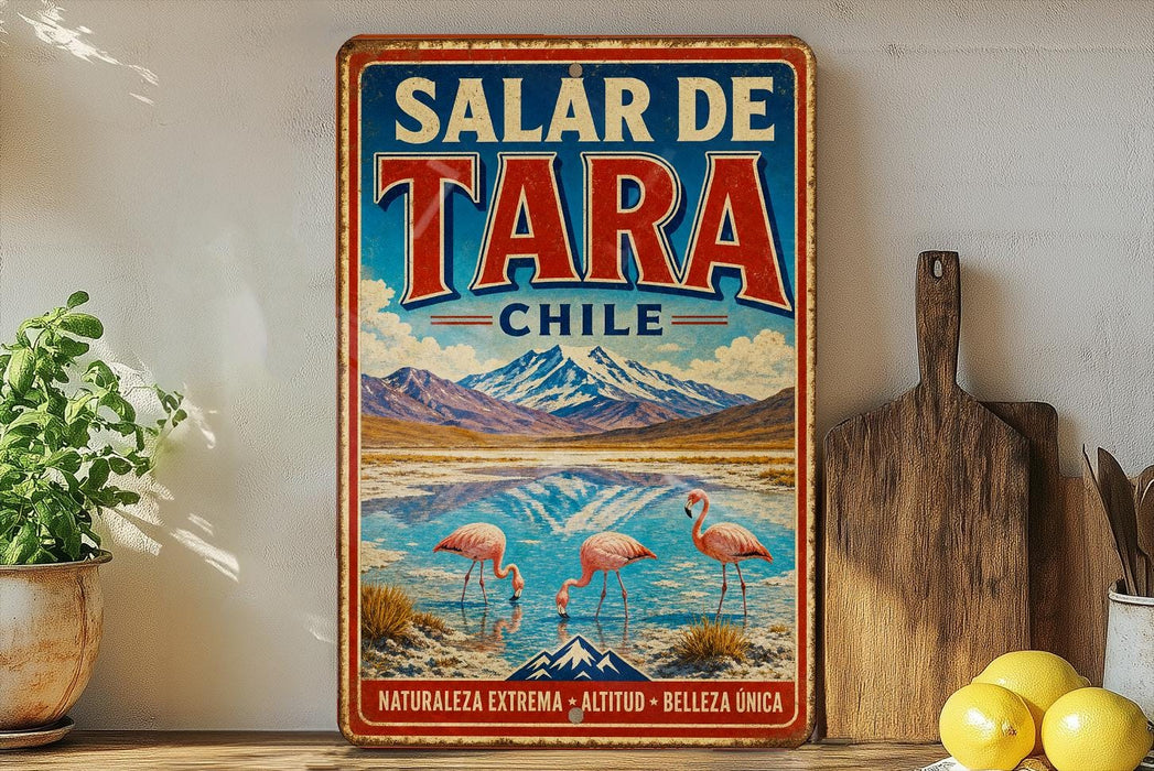 A vintage-style metal sign with a colorful illustration of a lake, mountains, and flamingos, advertising Salar de Tara, Chile.