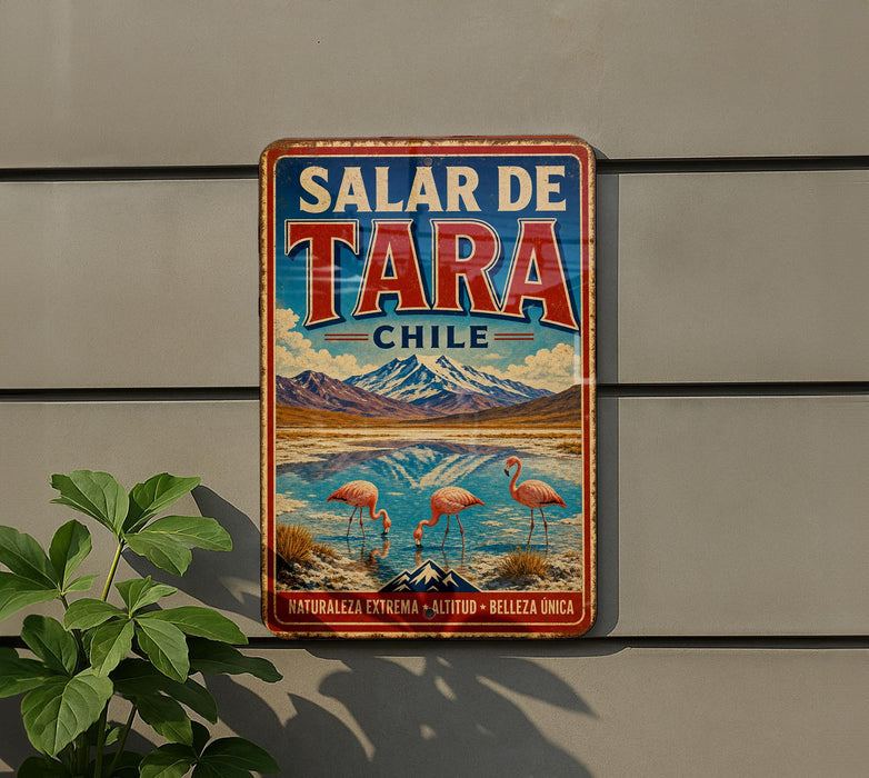 A vintage metal sign with the text "SALAR DE TARA CHILE" and an illustration of a scenic landscape with mountains, water, and flamingos.