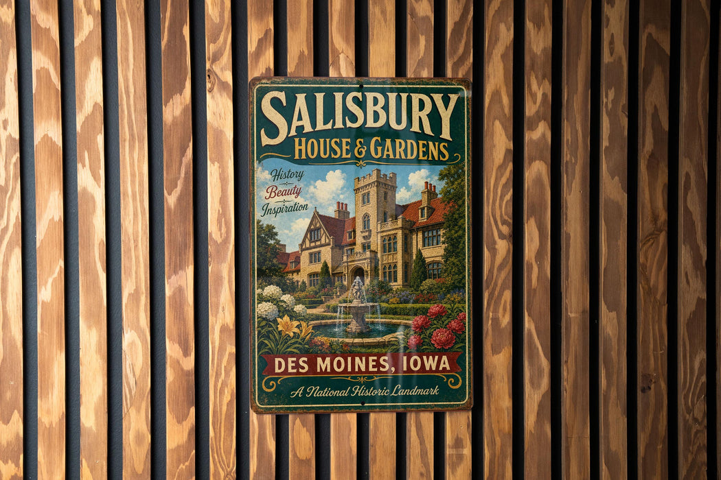 A vintage metal sign for Salisbury House & Gardens in Des Moines, Iowa, featuring a castle-like building surrounded by gardens and a fountain.
