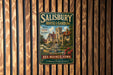 A vintage metal sign for Salisbury House & Gardens in Des Moines, Iowa, featuring a castle-like building surrounded by gardens and a fountain.