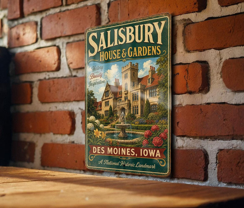 A vintage-style metal sign for Salisbury House & Gardens in Des Moines, Iowa, featuring an illustration of a historic building surrounded by gardens.