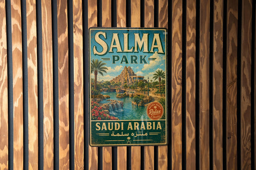 A vintage metal sign for Salma Park in Saudi Arabia, featuring a tropical landscape with palm trees and a waterfall.